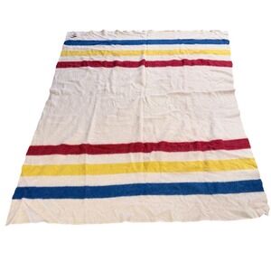Vintage Golden Dawn 100% Virgin Wool Blanket Striped Cream Red Yellow Blue 68x79